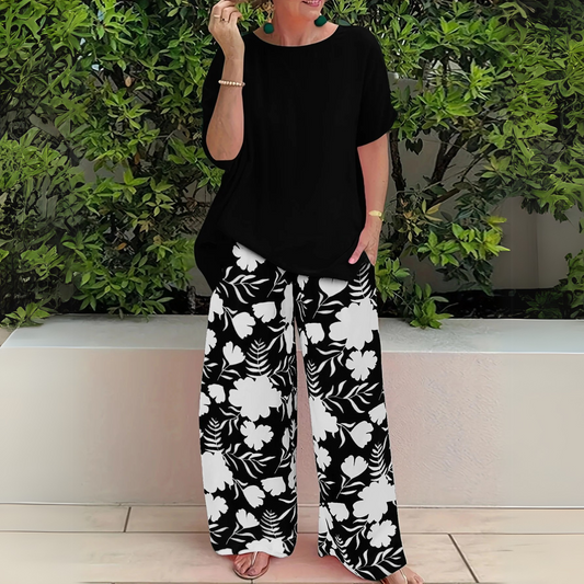 Conjunto floral con pantalón de pierna ancha