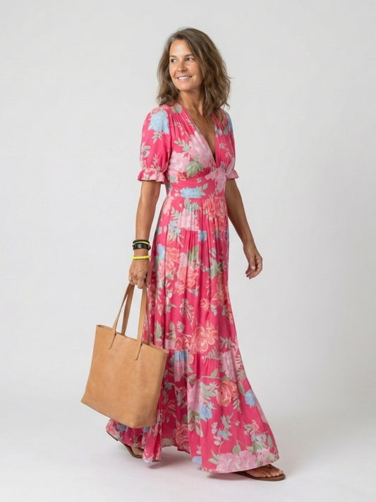 Vestido midi floral con escote en V