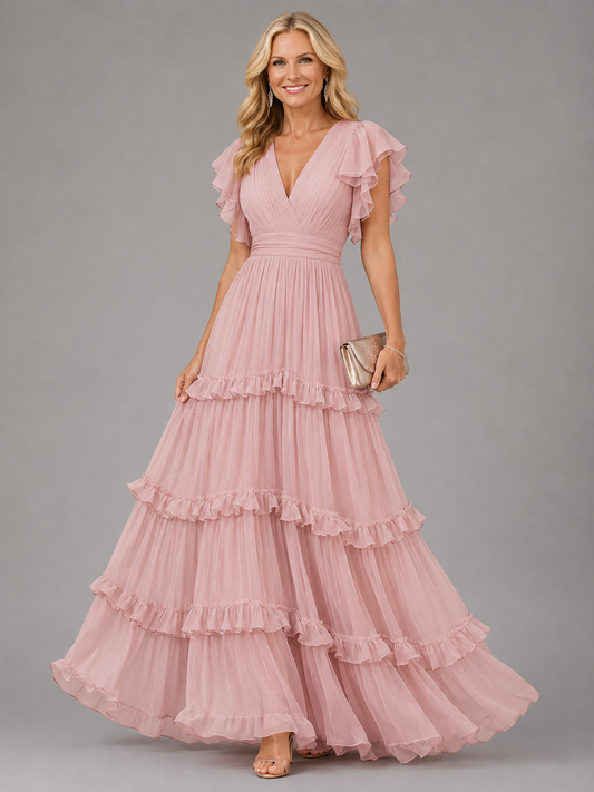 Vestido de boda rosa empolvado con falda de capas