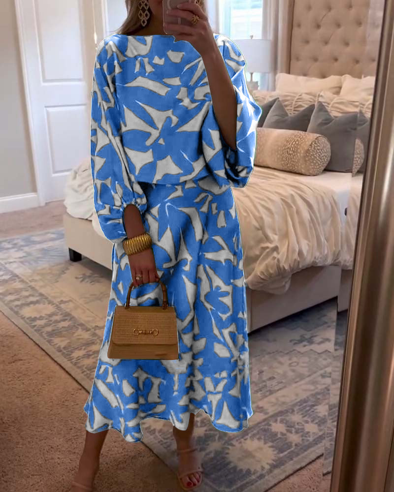 Conjunto estampado de top y falda con manga farol