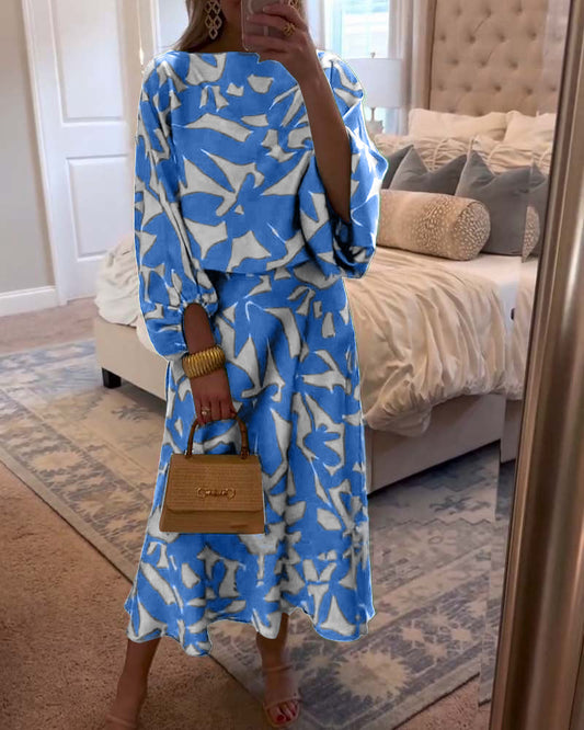Conjunto estampado de top y falda con manga farol