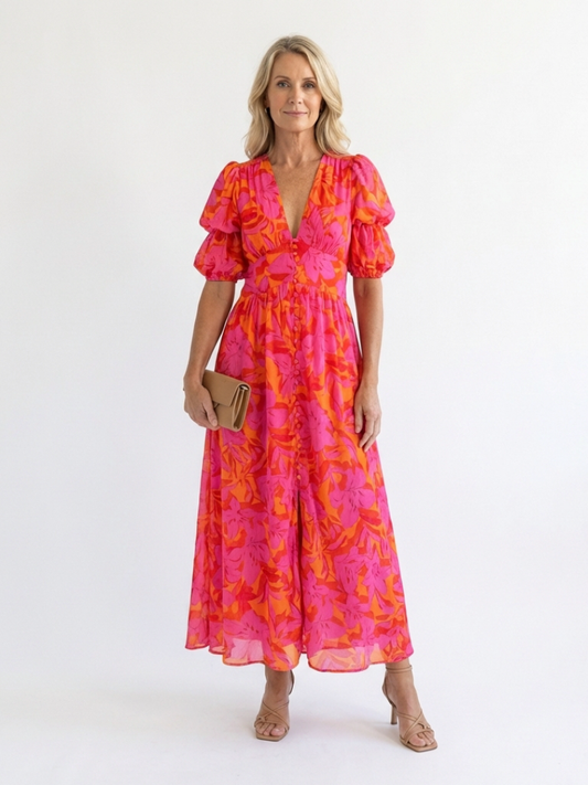 Vestido midi floral con manga abullonada