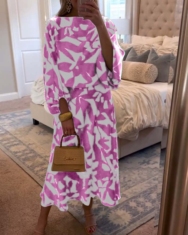 Conjunto estampado de top y falda con manga farol