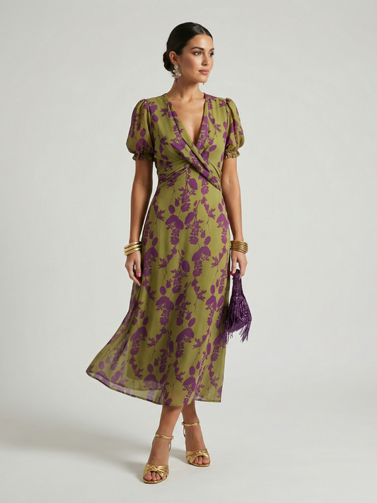 Vestido midi floral cruzado
