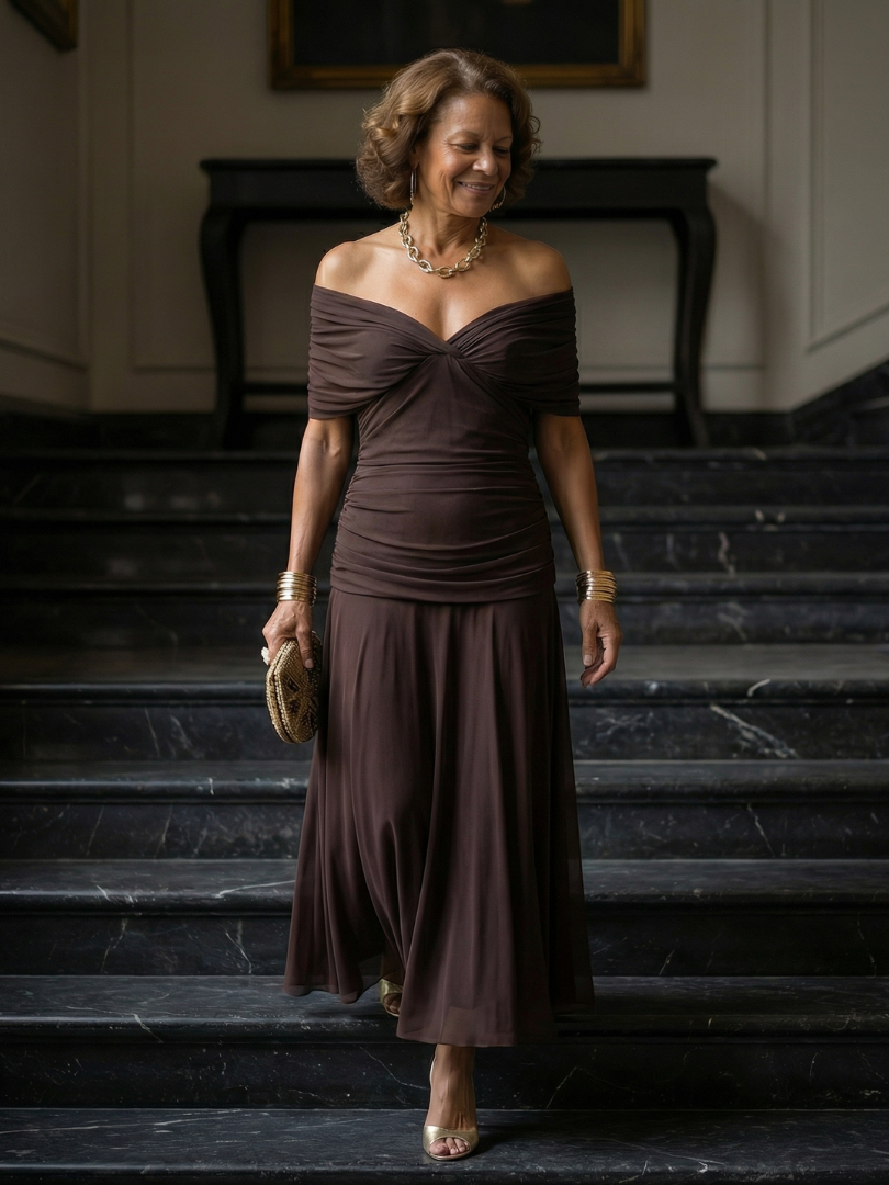 Lucía | Vestido midi fluido con hombros descubiertos