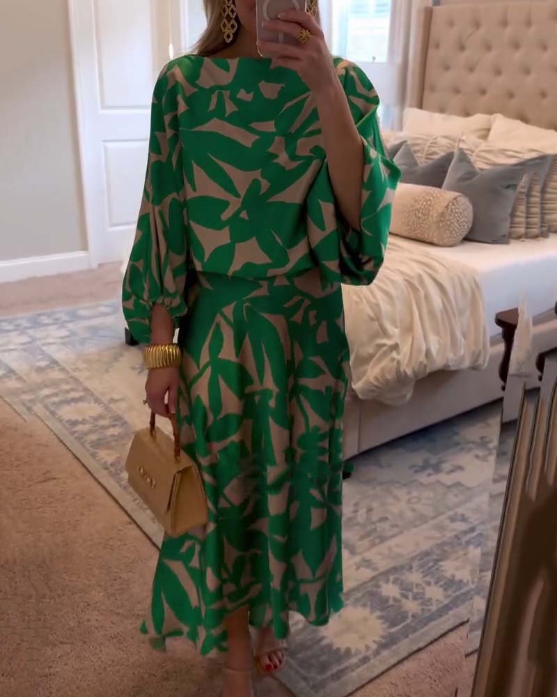 Conjunto estampado de top y falda con manga farol