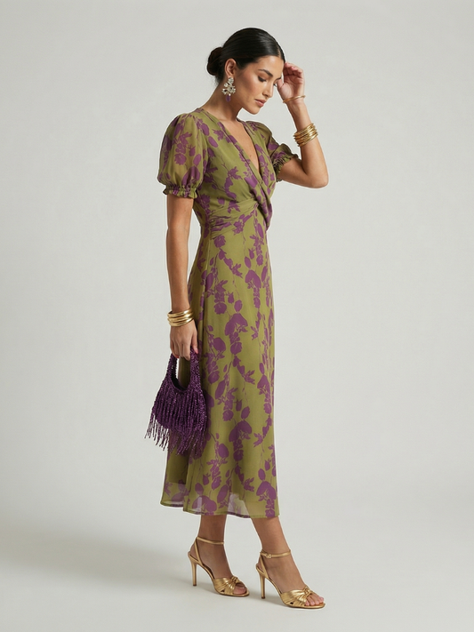 Vestido midi floral cruzado