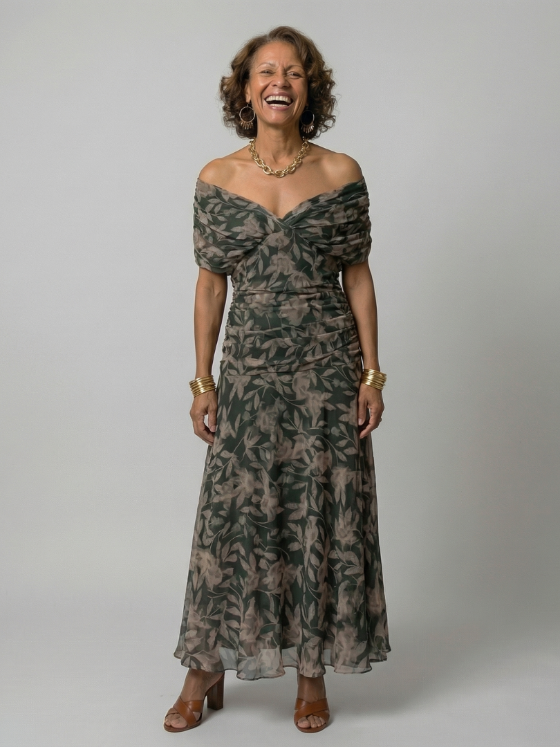 Lucía | Vestido midi fluido con hombros descubiertos