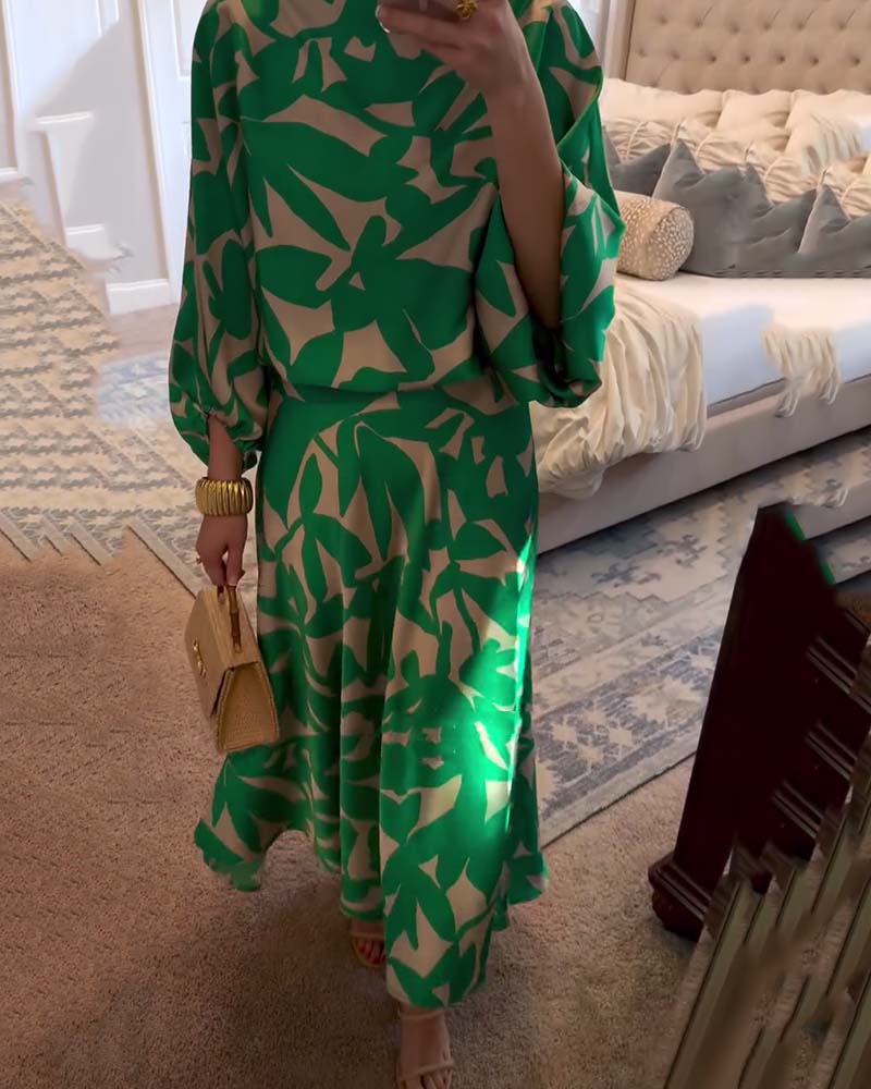 Conjunto estampado de top y falda con manga farol