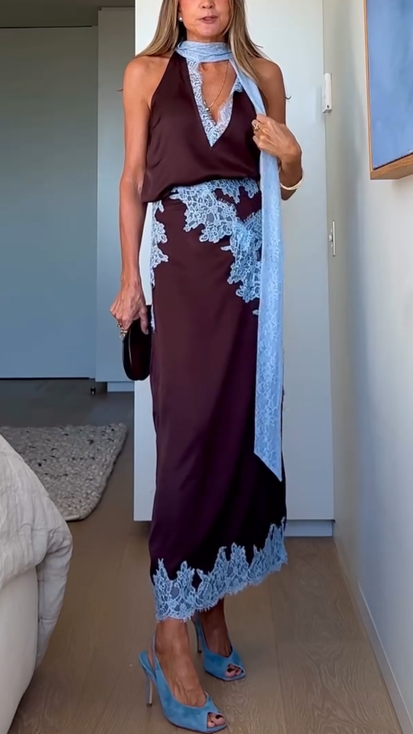 Conjunto de top y falda con detalles de encaje