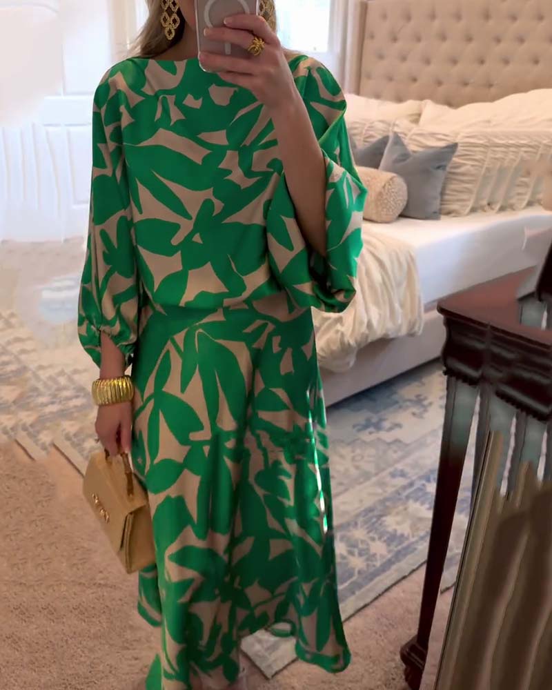 Conjunto estampado de top y falda con manga farol