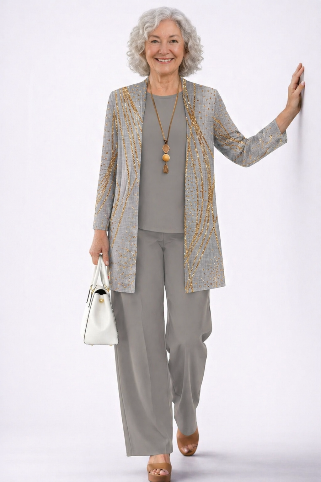 Conjunto Coordinado de Tres Piezas · Gris y Dorado