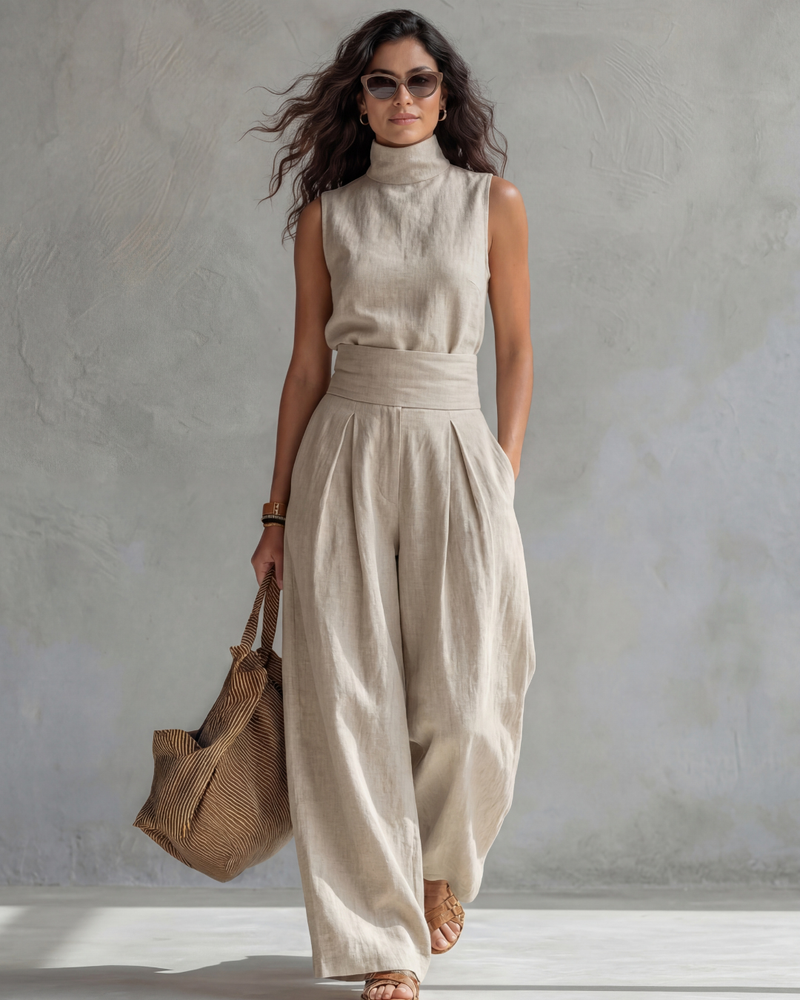 Conjunto minimalista con top de cuello alto y pantalón ancho