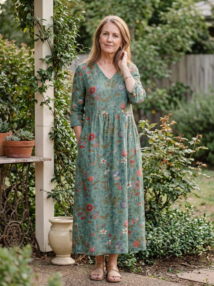Floral maxi dress with three-quarter sleeves