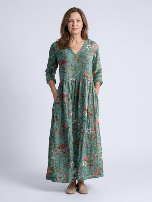Vestido maxi floral con manga tres cuartos