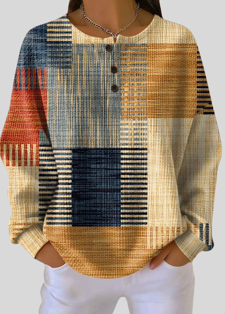 Rocío | Sudadera de Punto Gofre con Estampado Patchwork