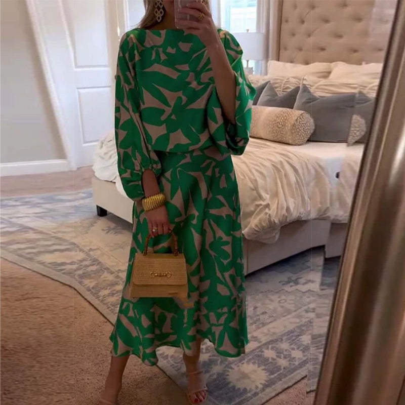 Conjunto estampado de top y falda con manga farol
