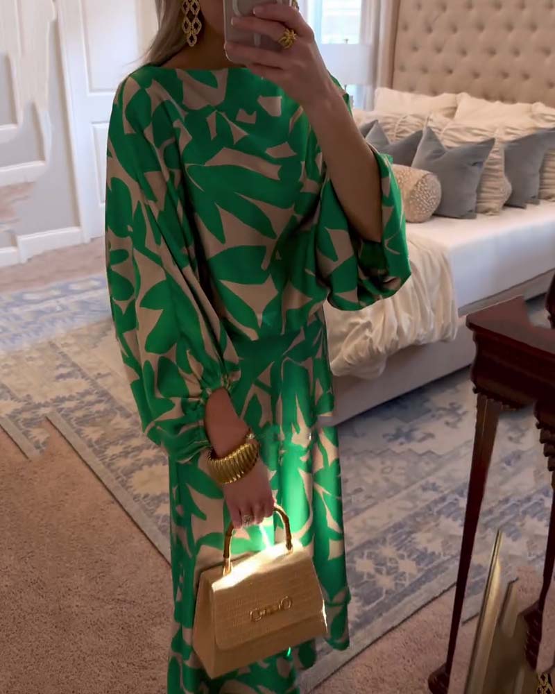 Conjunto estampado de top y falda con manga farol