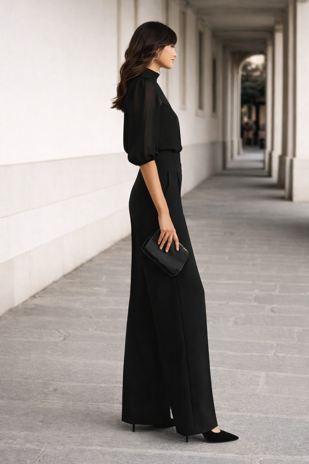 Three-piece black palazzo pant set