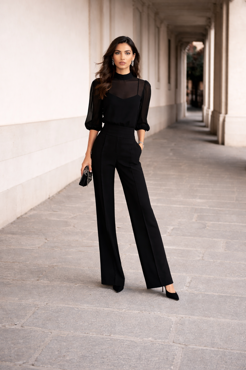 Three-piece black palazzo pant set