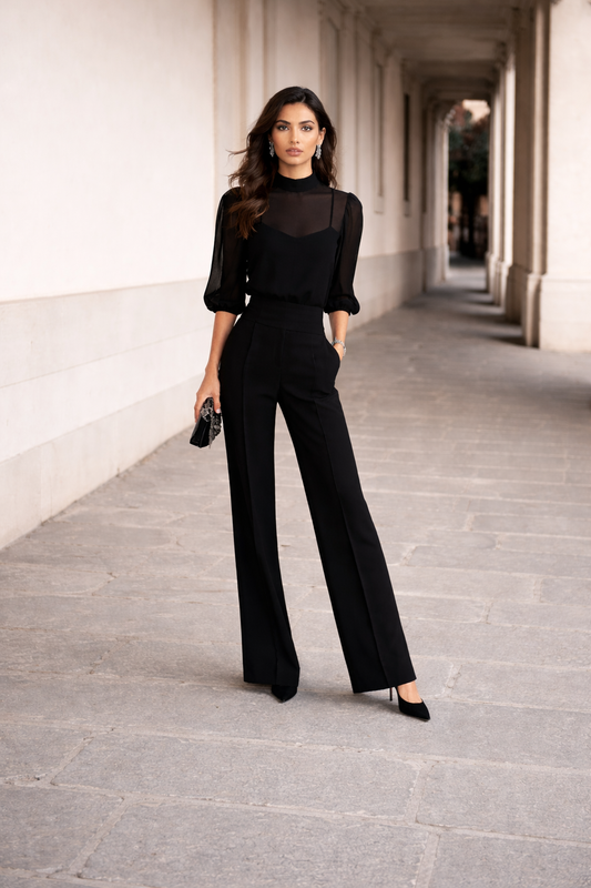 Conjunto negro de tres piezas con pantalón palazzo