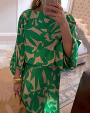 Conjunto estampado de top y falda con manga farol