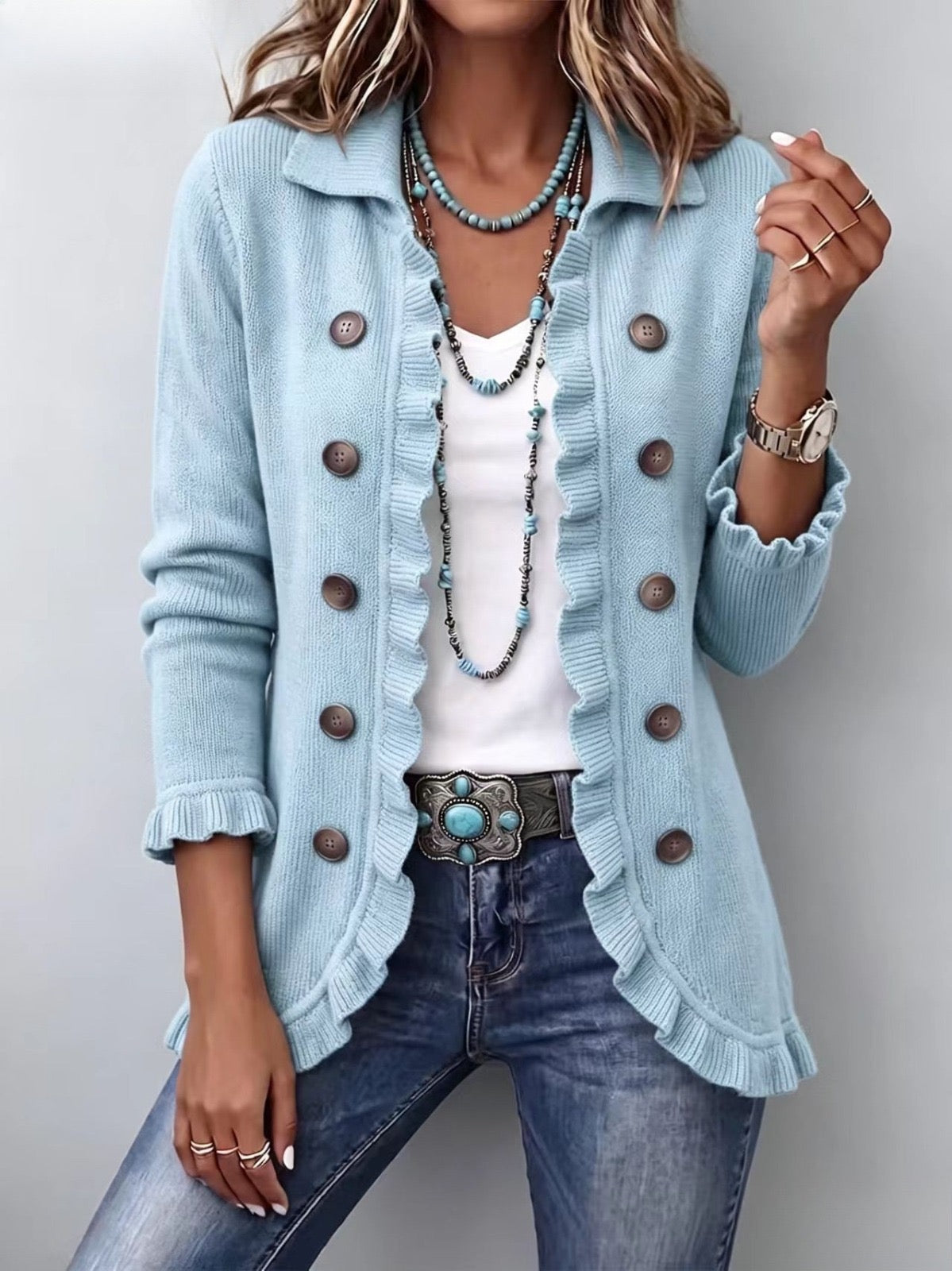 Sagrario | Dusty Blue Knitted Cardigan with Ruffles
