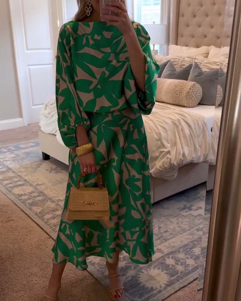 Conjunto estampado de top y falda con manga farol