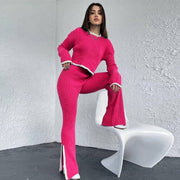 Knit set with a cropped sweater and high-waisted pants