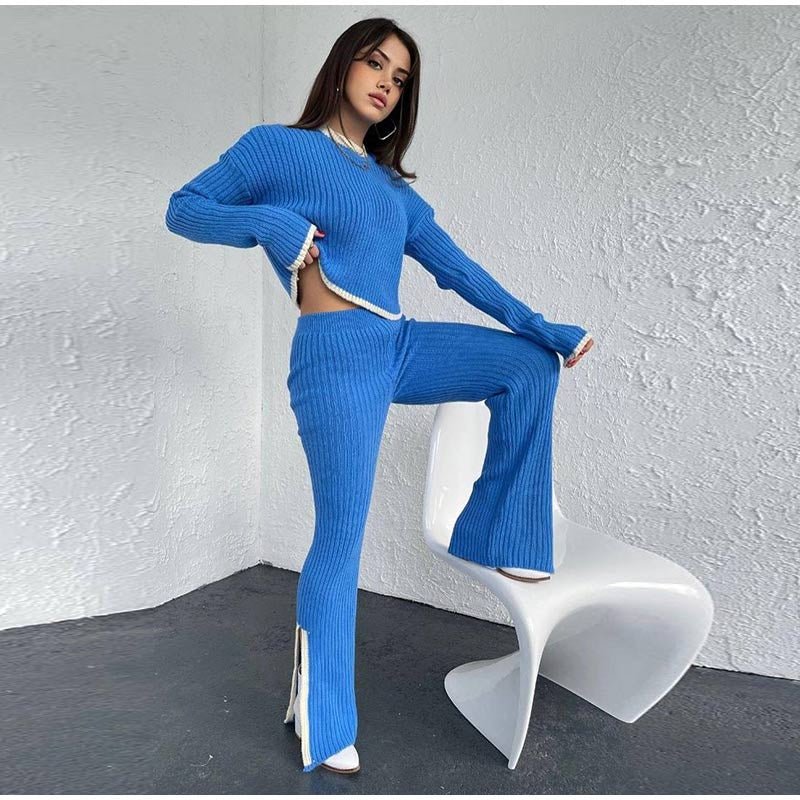 Knit set with a cropped sweater and high-waisted pants