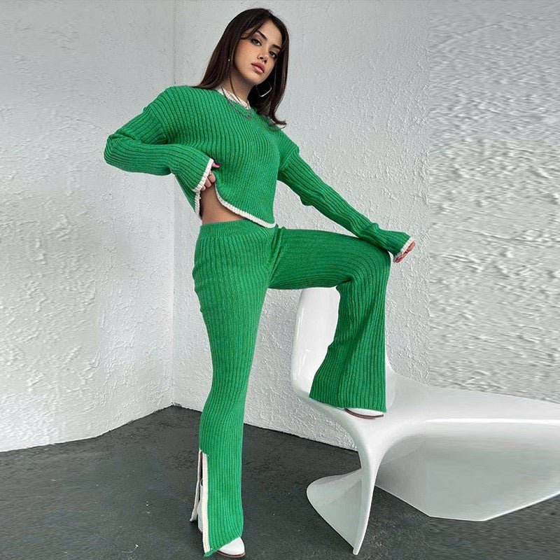 Knit set with a cropped sweater and high-waisted pants