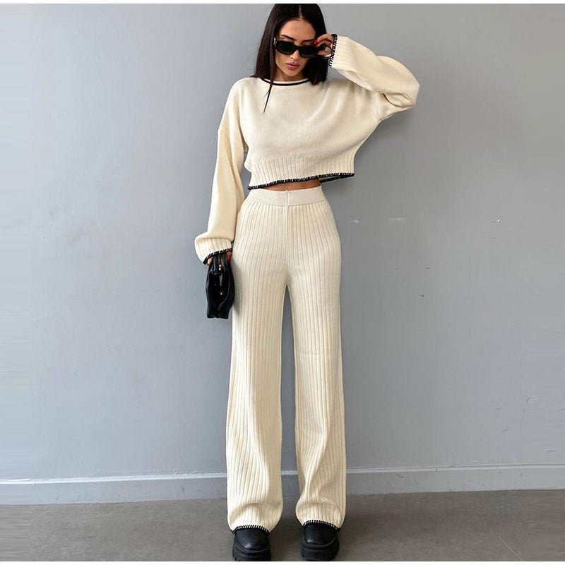 Knit set with a cropped sweater and high-waisted pants
