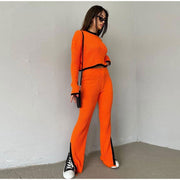 Knit set with a cropped sweater and high-waisted pants