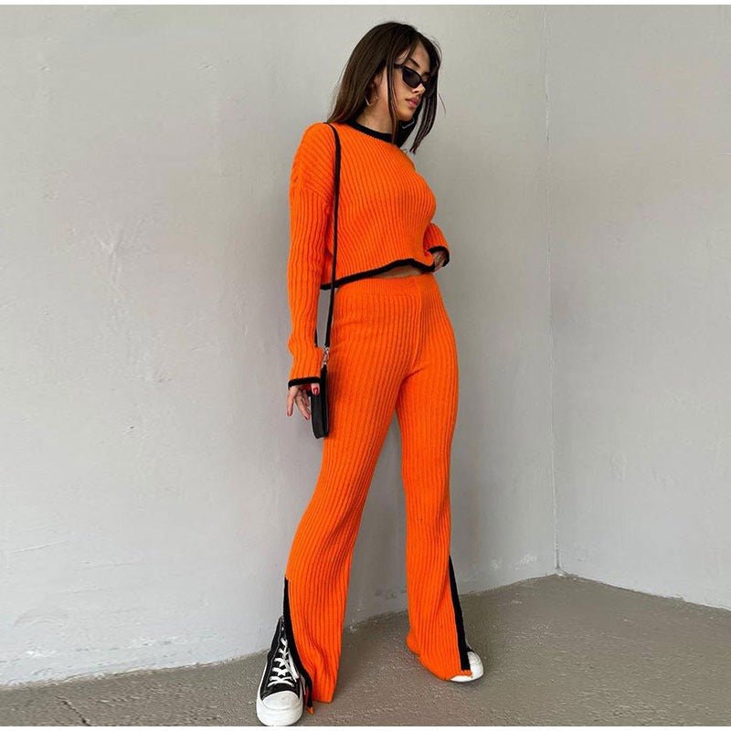 Knit set with a cropped sweater and high-waisted pants