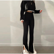 Knit set with a cropped sweater and high-waisted pants