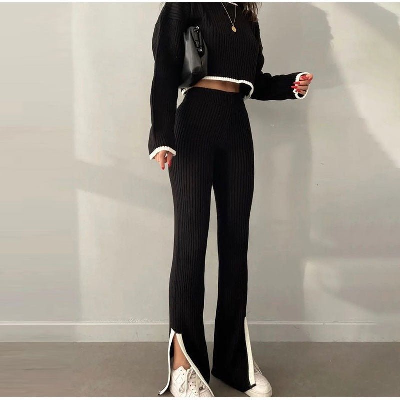 Knit set with a cropped sweater and high-waisted pants