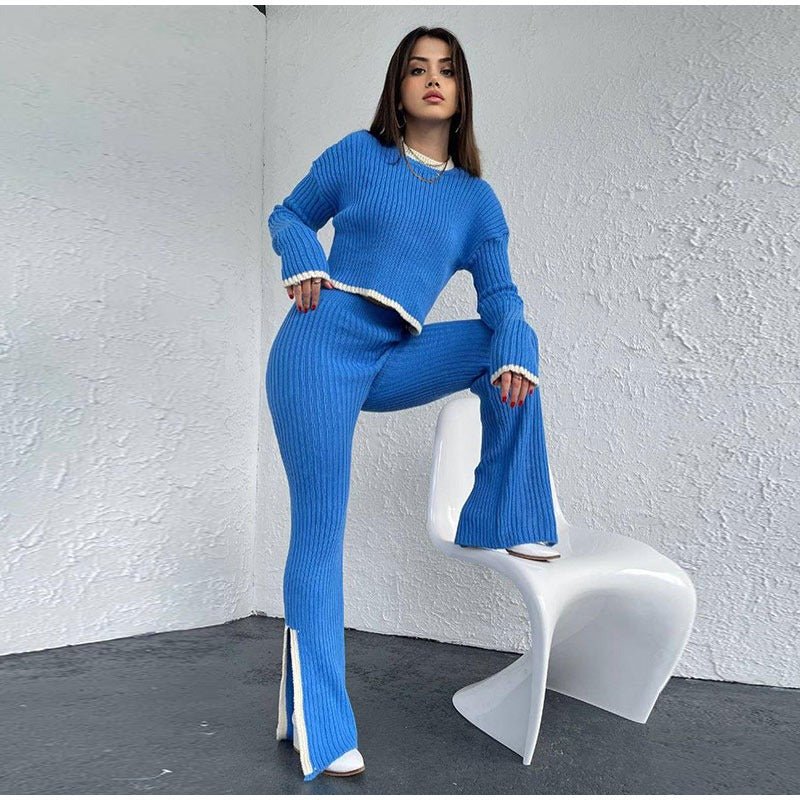 Knit set with a cropped sweater and high-waisted pants
