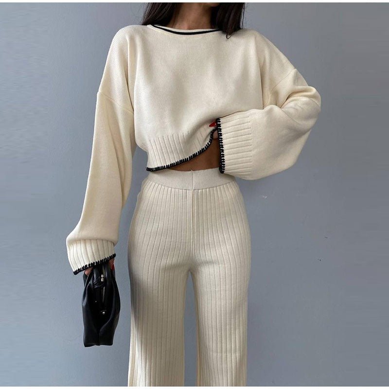 Knit set with a cropped sweater and high-waisted pants