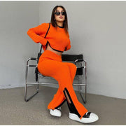 Knit set with a cropped sweater and high-waisted pants