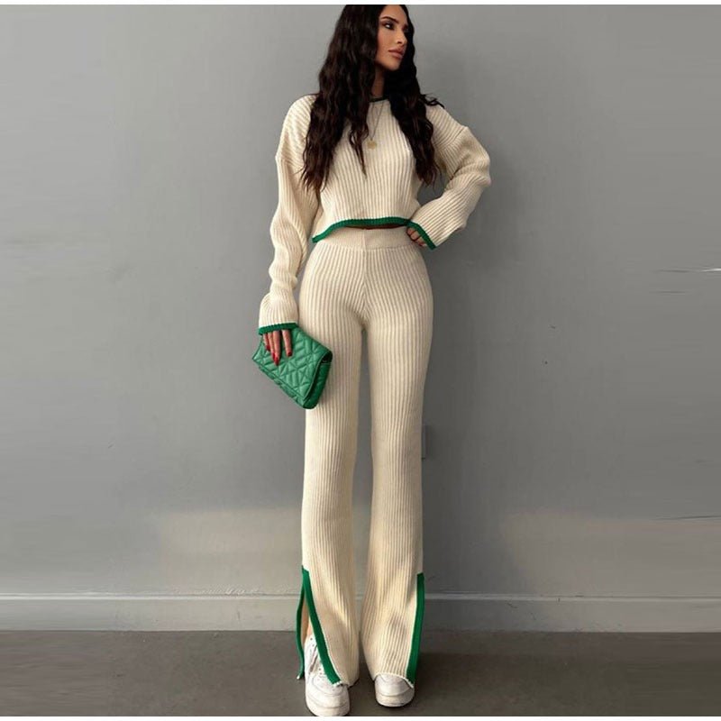 Knit set with a cropped sweater and high-waisted pants