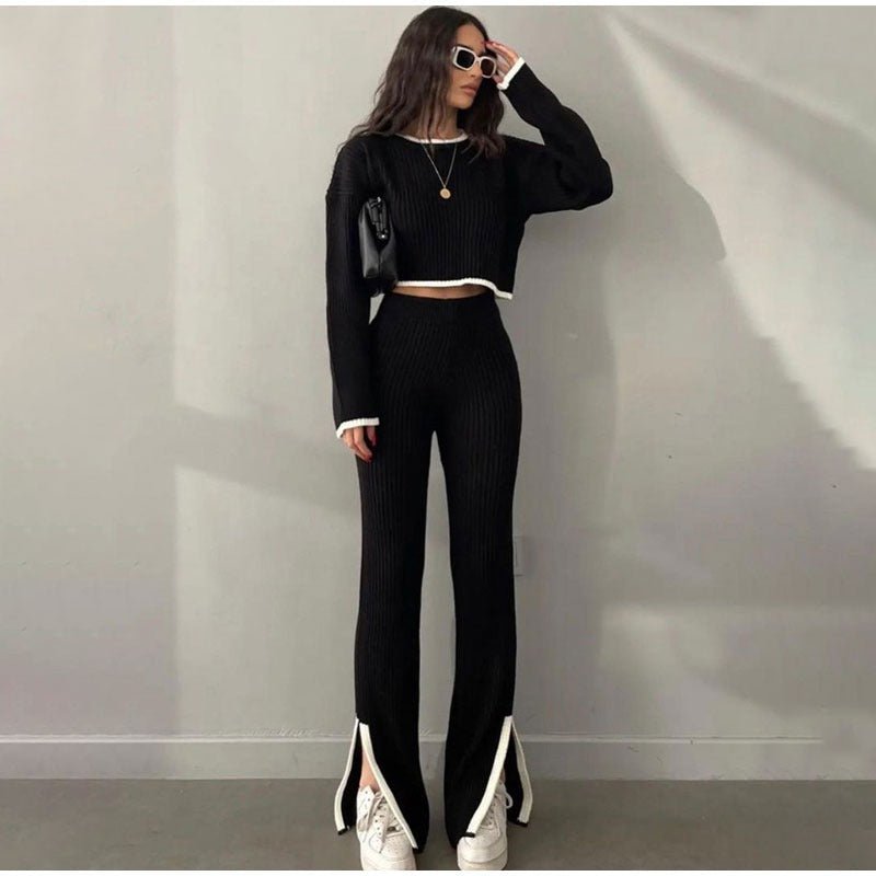 Knit set with a cropped sweater and high-waisted pants