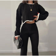 Knit set with a cropped sweater and high-waisted pants